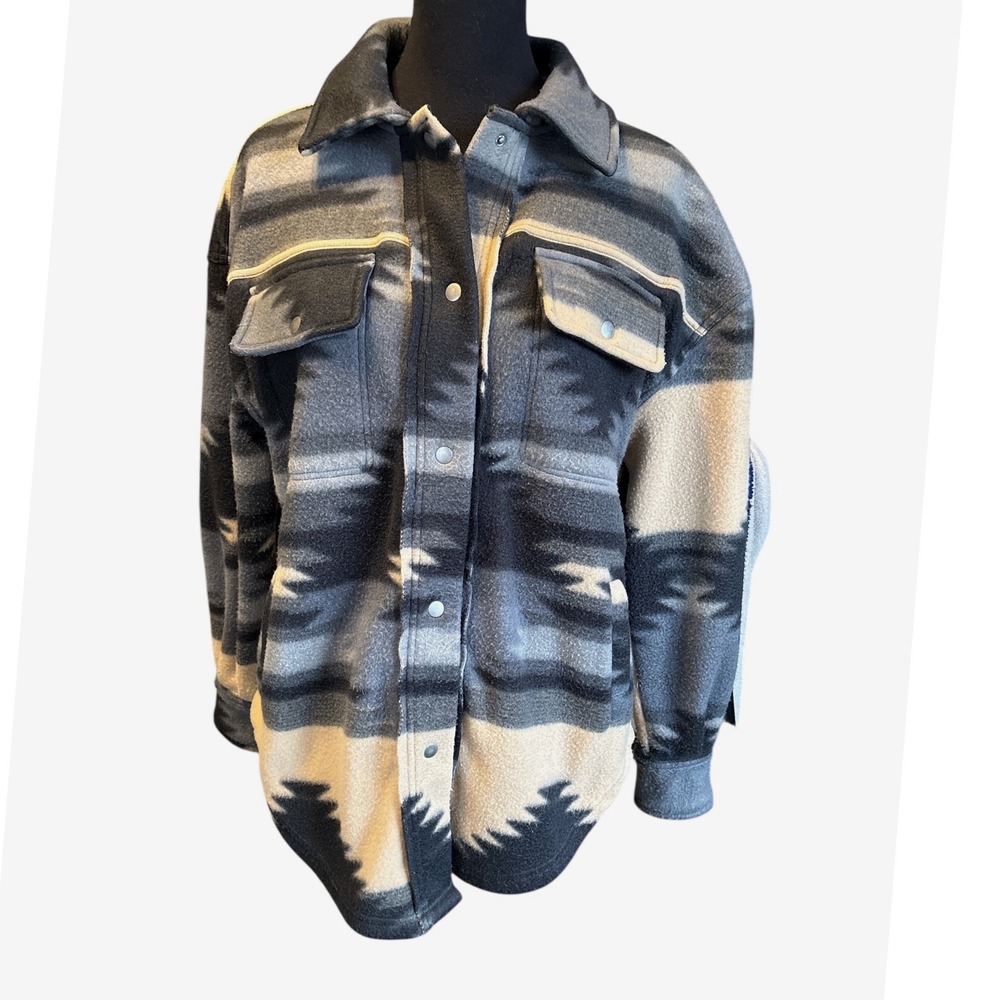 Fornia Black, Gray & Tan Aztec Fleece Snap Front Shacket, Small, Western Cowgirl